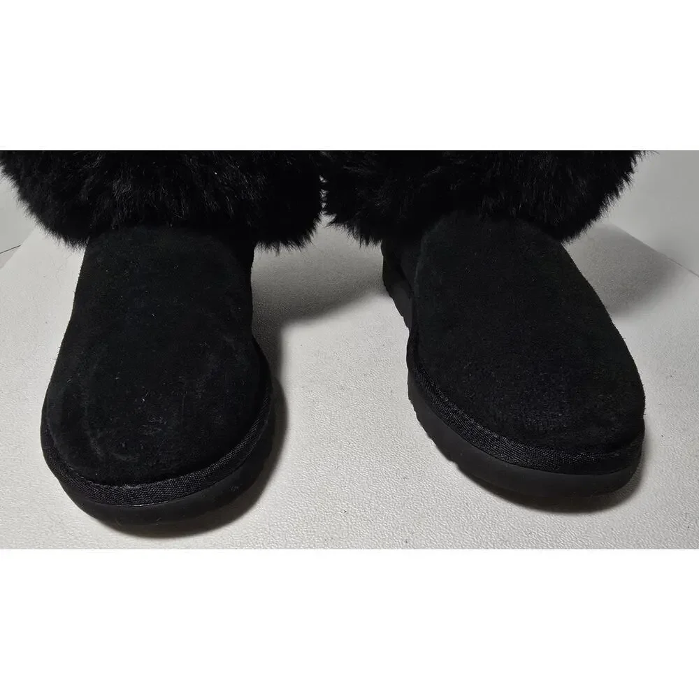 UGG Mini Fluff Collar Women's Black Booties Sheepskin Suede US Size 8 (1112491)